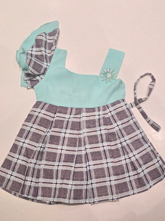 Baby Girls Gray Blue Cotton Checked Frock