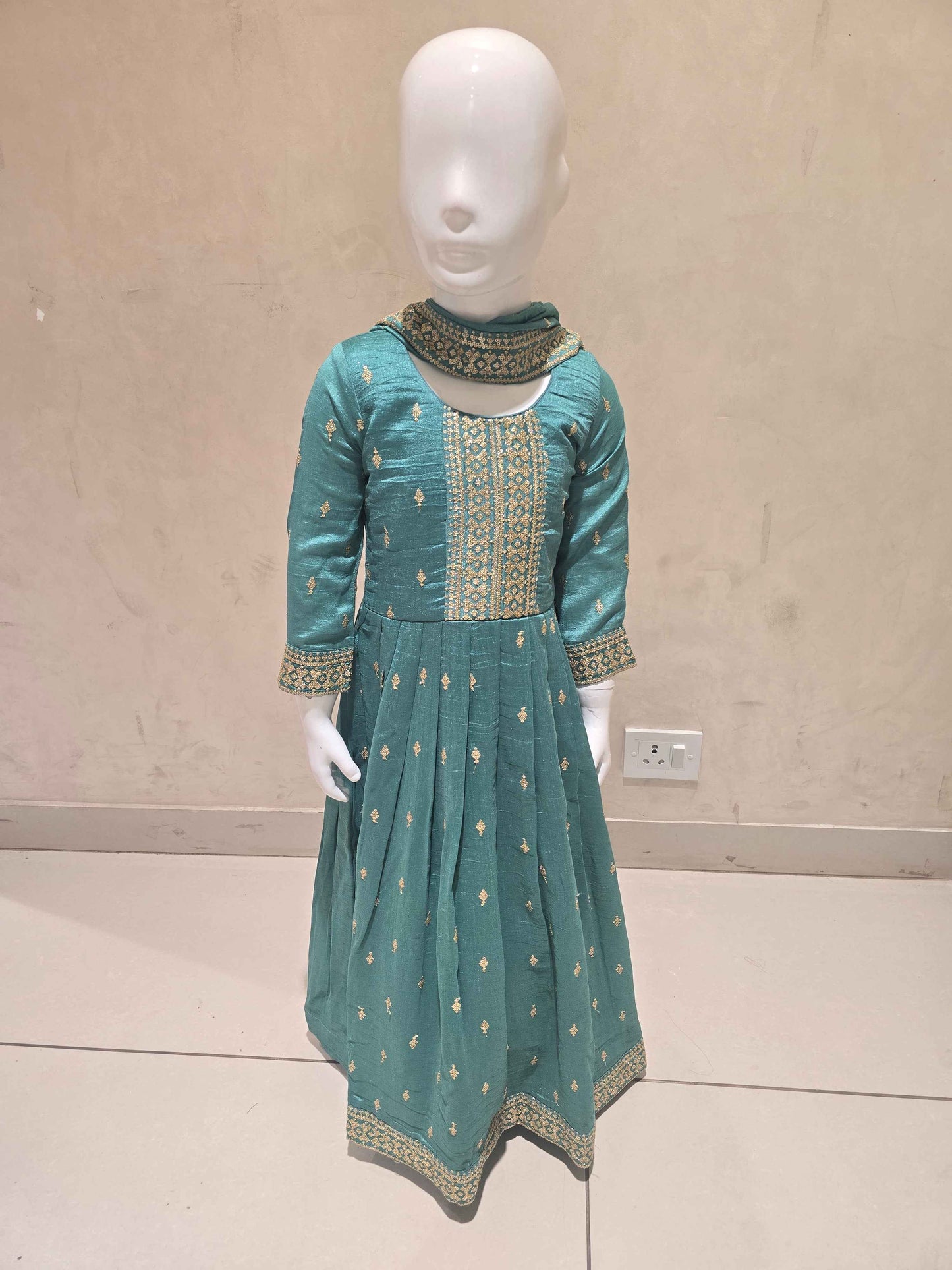 Crepe material sea green colour anarkali Kurti set with zari butta