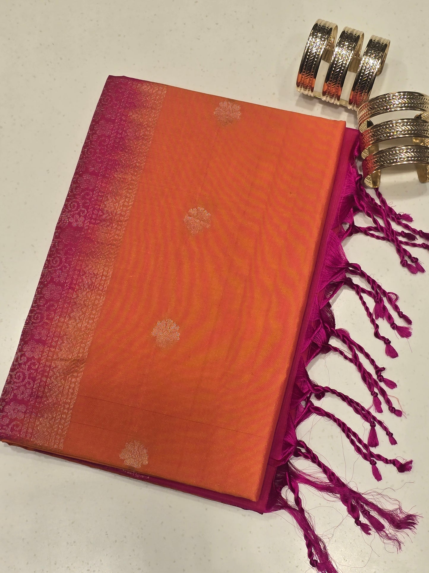 Pure Kanjivaram orange with pink color soft silk saree with traditional border