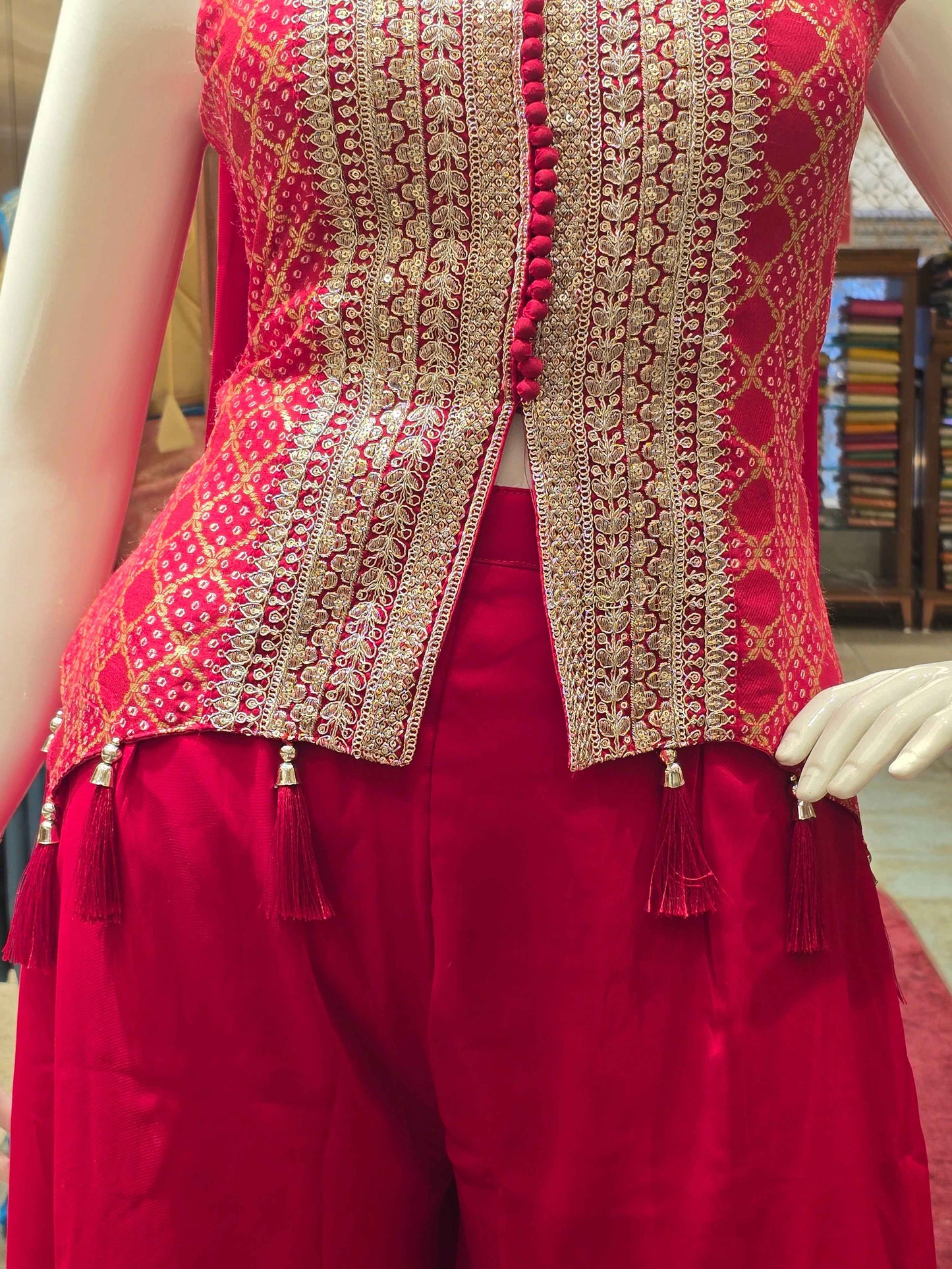Banarasi georgette material cherry pink color indowestren set