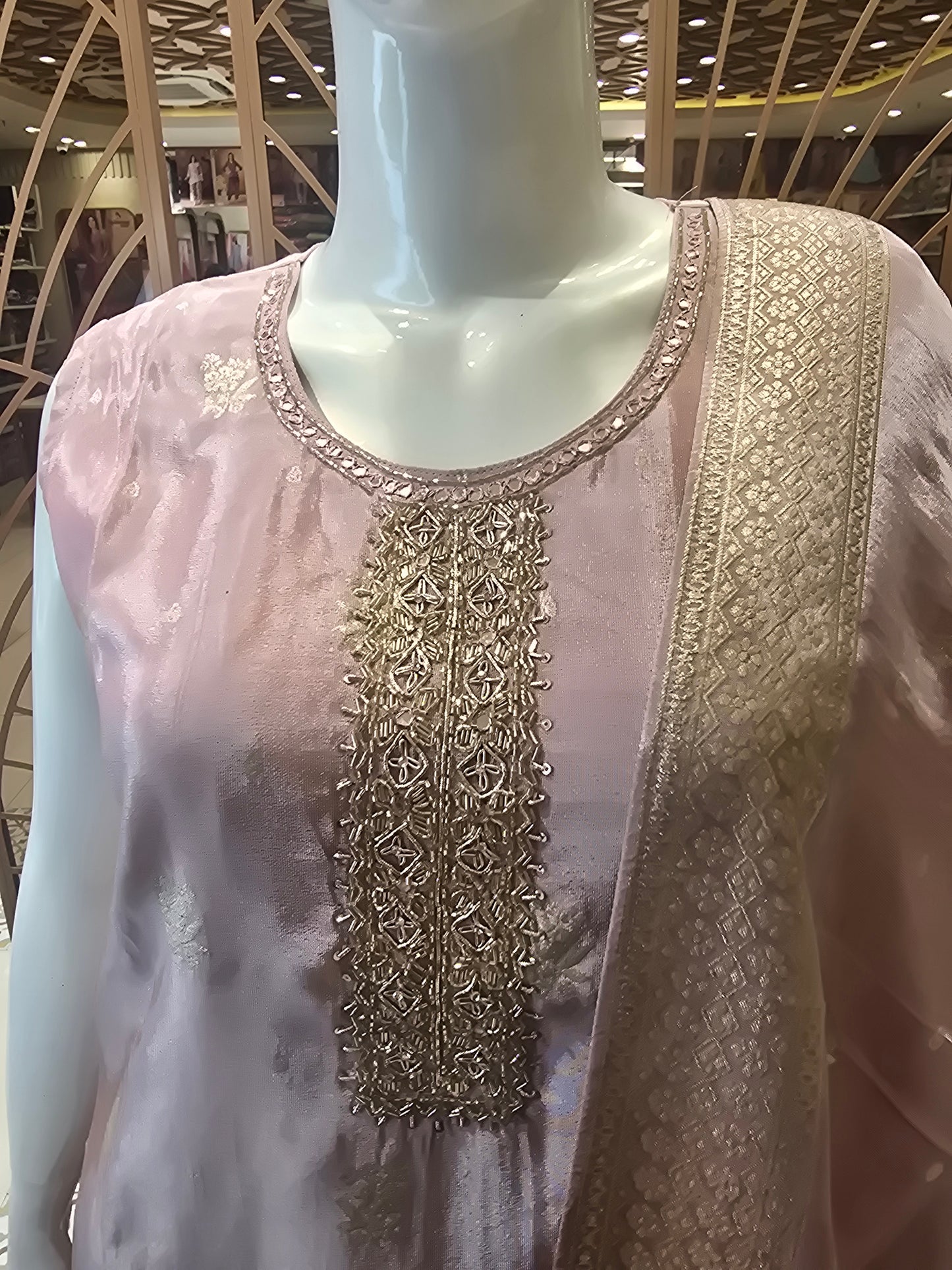 Peach Pink Pure Tissue Silk Party Wear Set for Women with Banarasi Butta & Handworked Neck, Banarasi Dupatta – Elegant Occasion Wear
