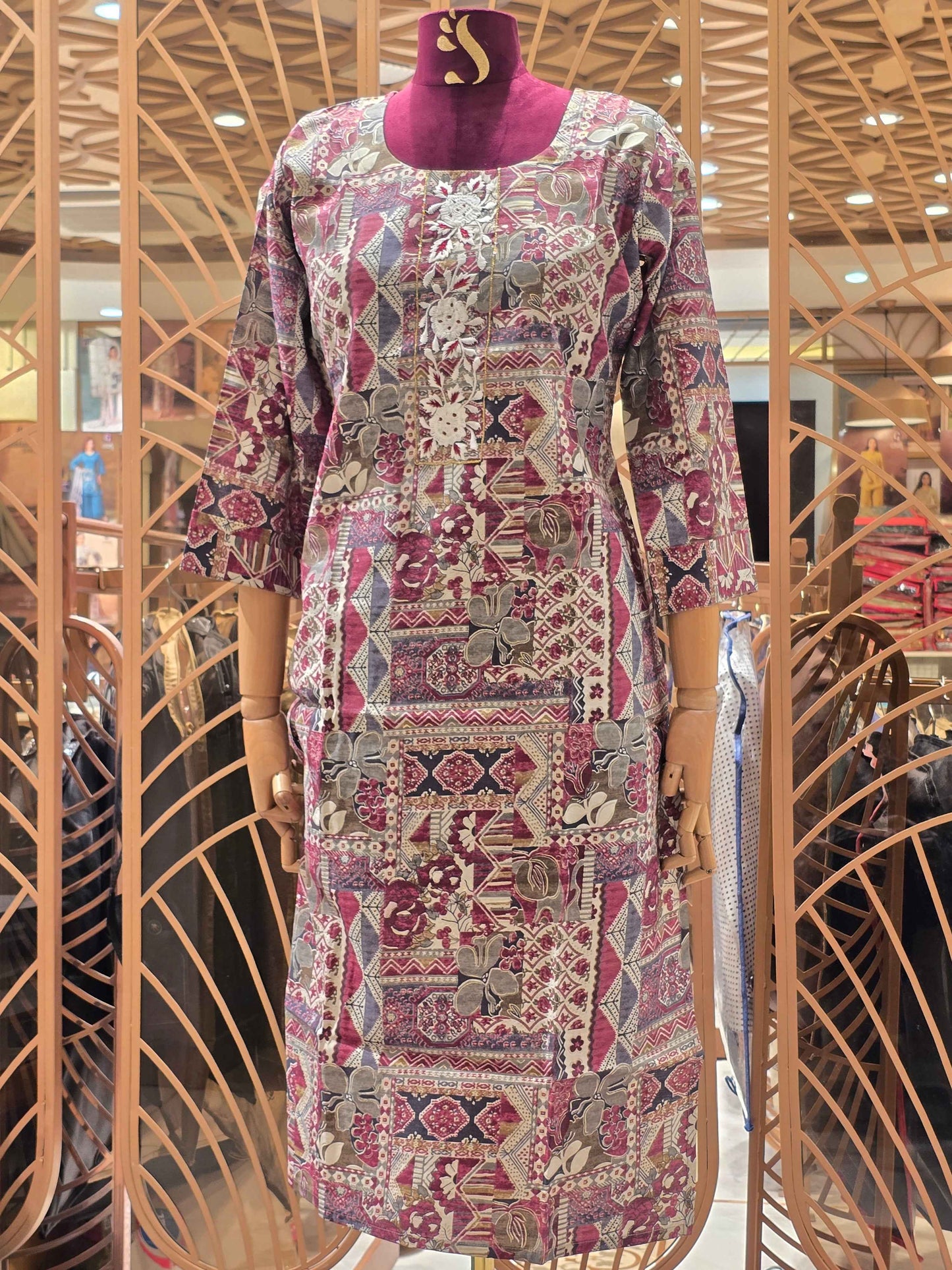 Multi color printed cotton material kurta for women with round neck