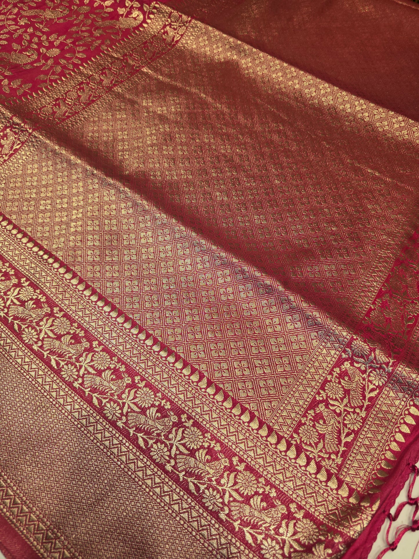 Semi Banarasi Silk Saree with Floral & Peacock Design and Fancy Zari Border | Festive Wear Saree for Women