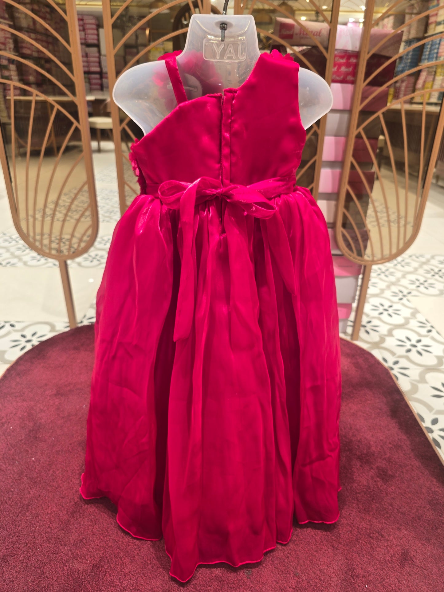Girl Cherry Pink Chiffon Flower Cut Party Gown