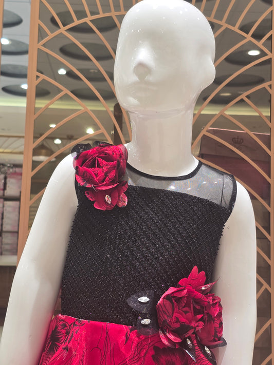 Girl Red Black Printed Satin Party Wear Gown