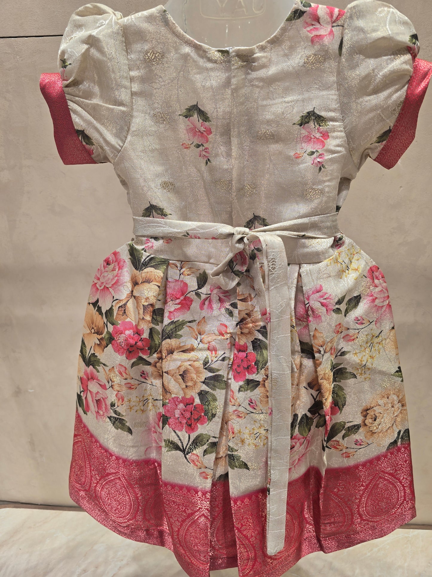 Girls Organza Floral Border Frock – White & Pink Ethnic Wear with Puff Sleeves