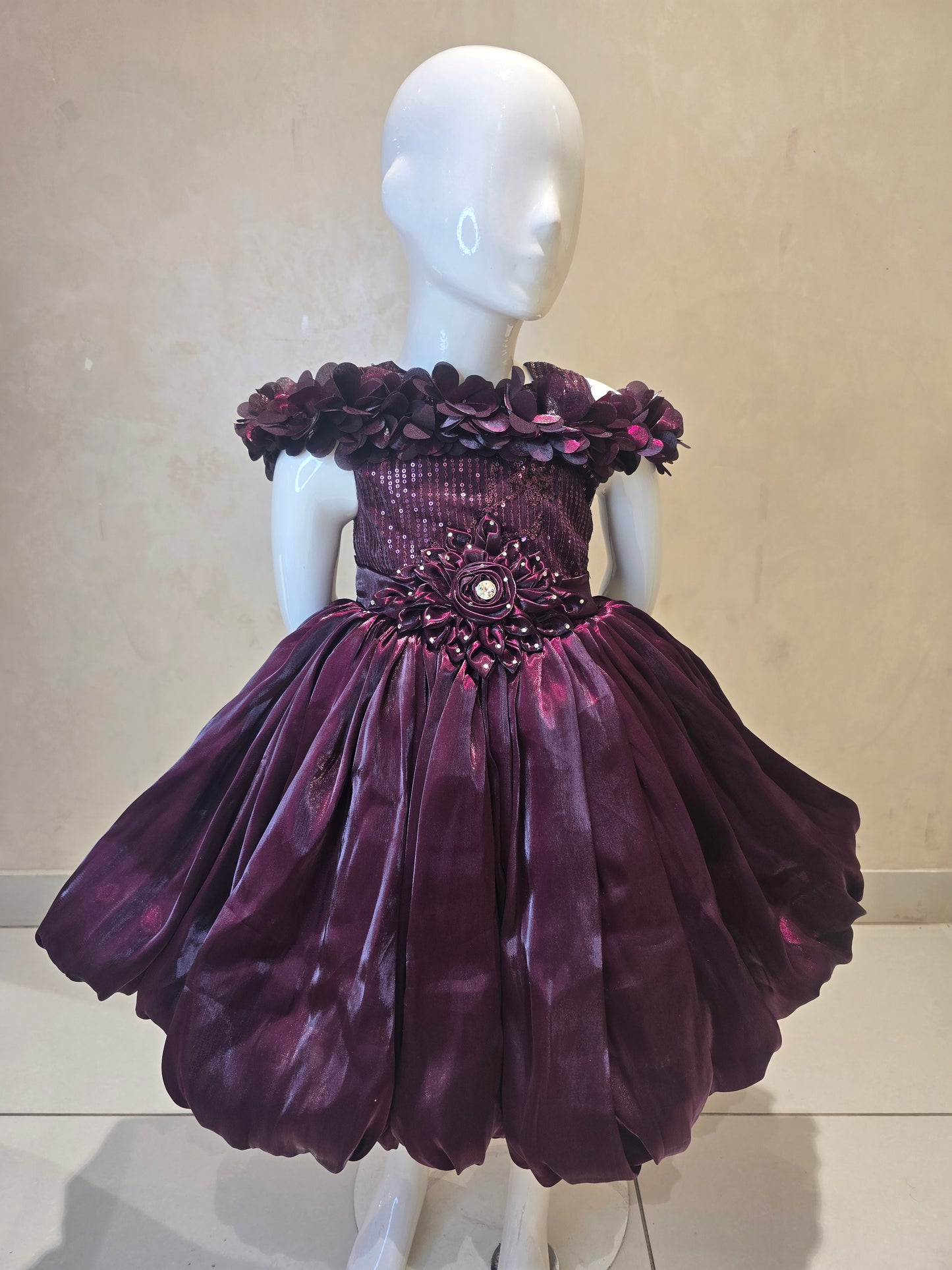 Girls Satin Party Wear Short Frock with Speghetti Style, Sequence Flower Design and Floral Stone Waist Work for Special Occasions