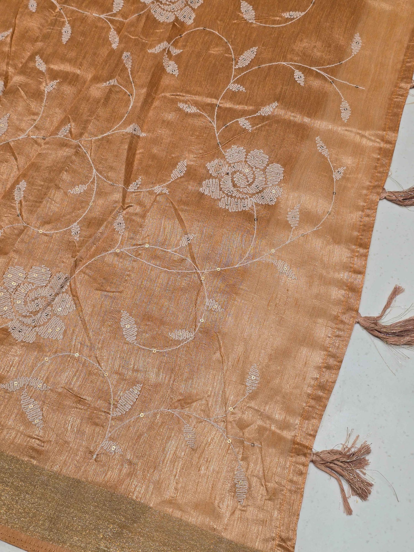 Tussar Saree with White Floral Embroidery