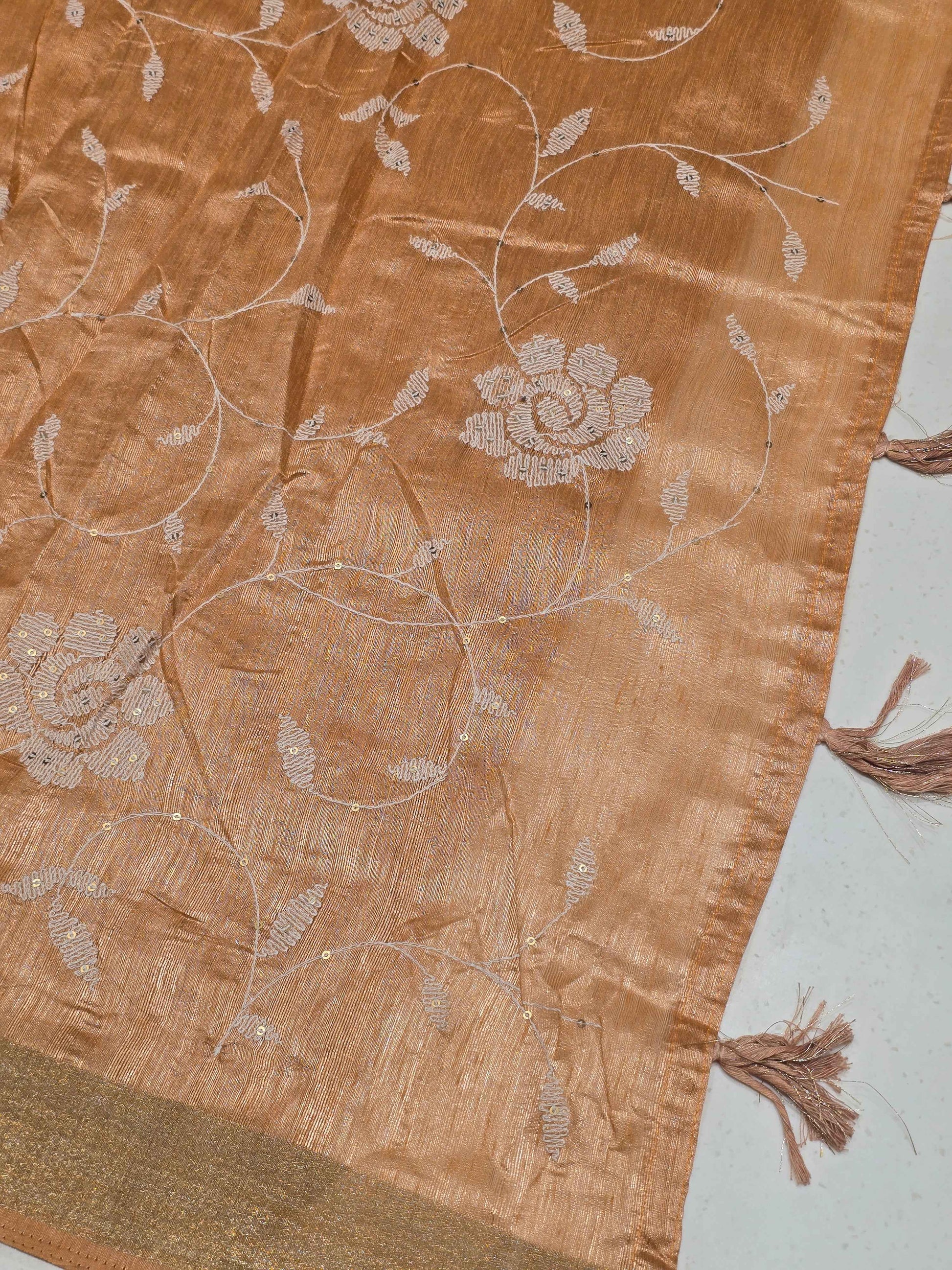 Tussar Saree with White Floral Embroidery