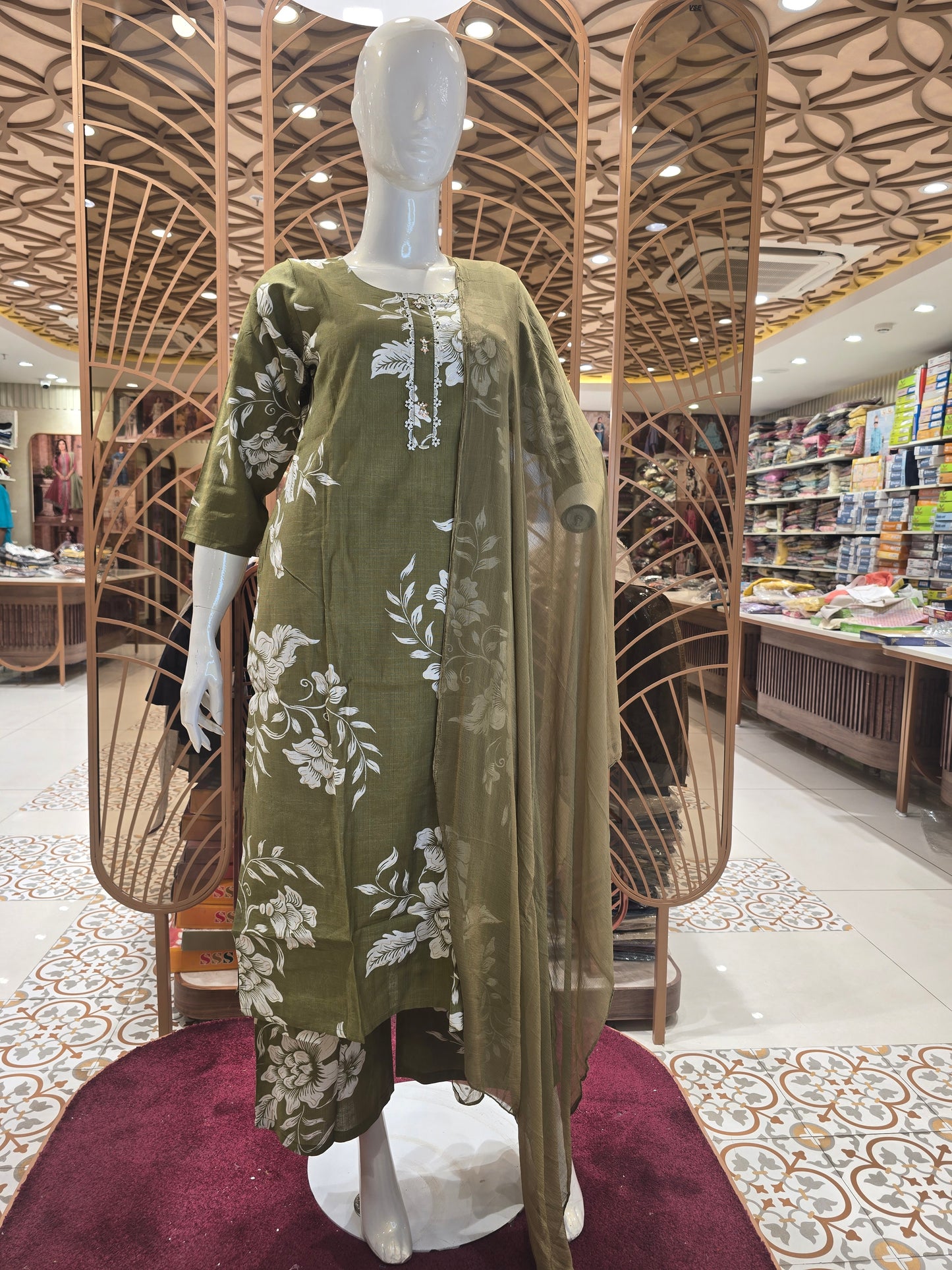 Mehandi Green Cotton Kurti Coat Set for Women with White Floral Print and Palazzo Bottom