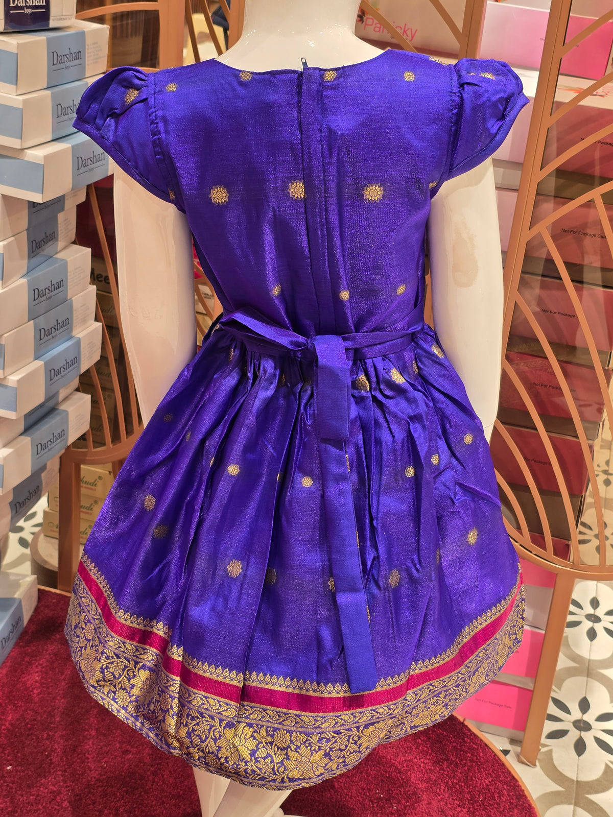 Blue South Indian Pattu Style Cotton Frock for Girls