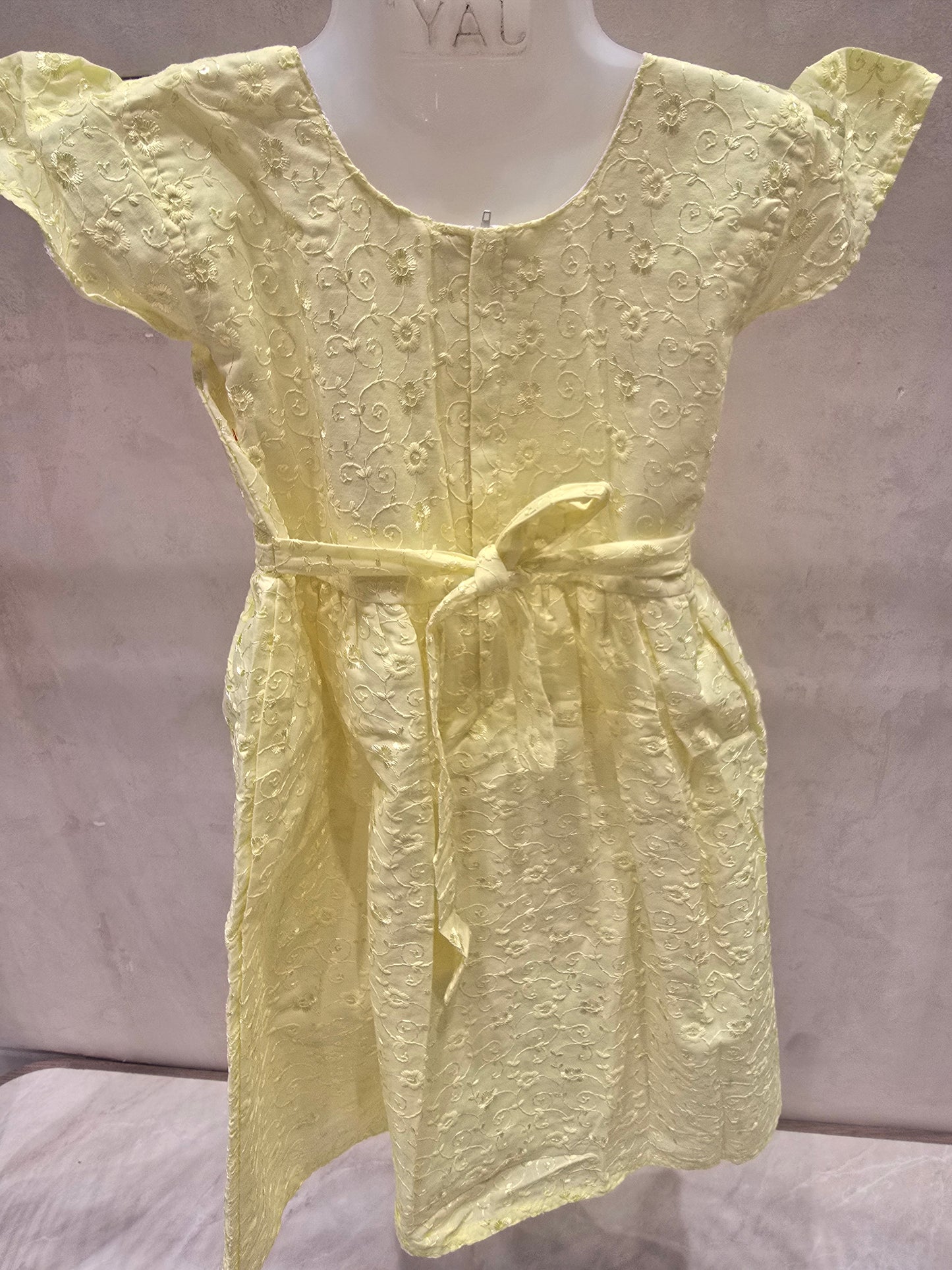 Lemon Yellow Pure Cotton Short Frock with Embroidery & Cutwork Bottom