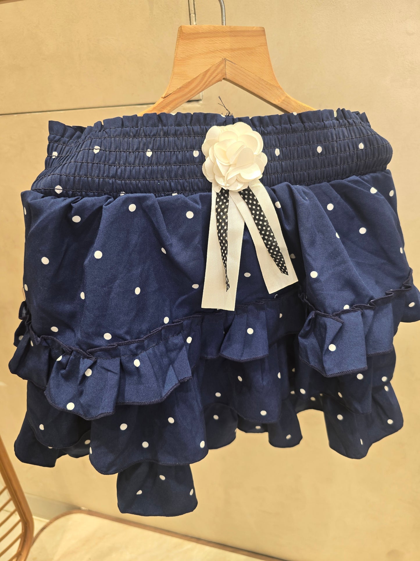 Girls Cotton Casual Wear Step Skirt in Dark Blue with Polka Dot Design for Summer Wear