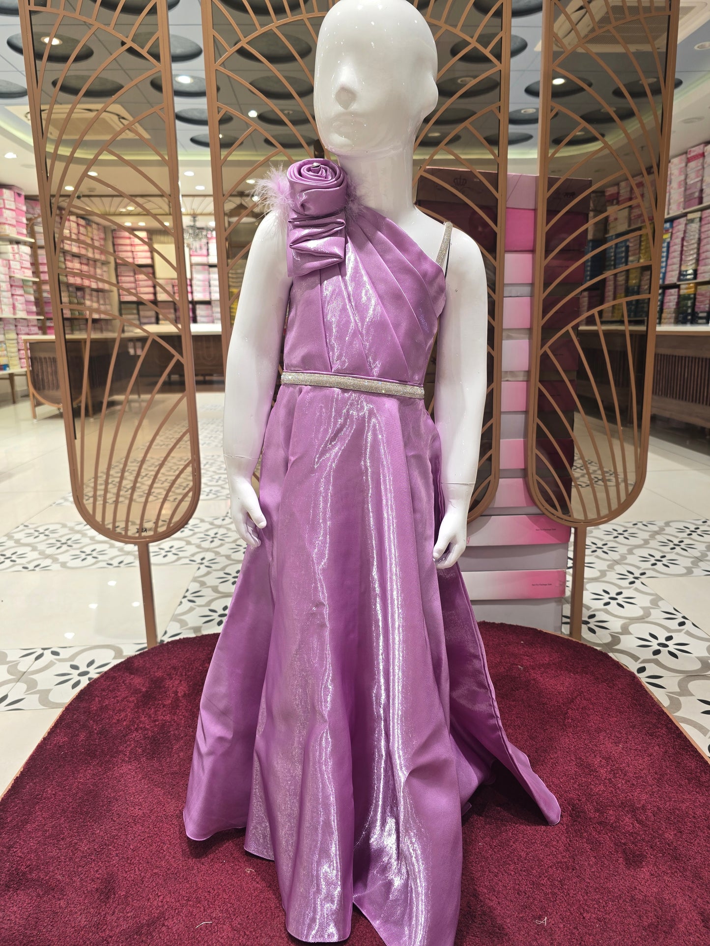 Satin material western gown for girl with Spaghetti Strap Design, Full Sleeve Inner and Stone Waist Belt and detachable flower bow