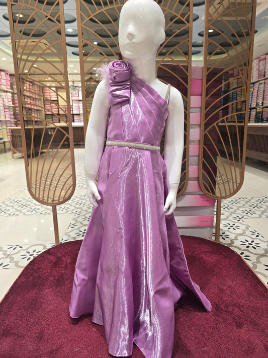 Satin material western gown for girl with Spaghetti Strap Design, Full Sleeve Inner and Stone Waist Belt and detachable flower bow