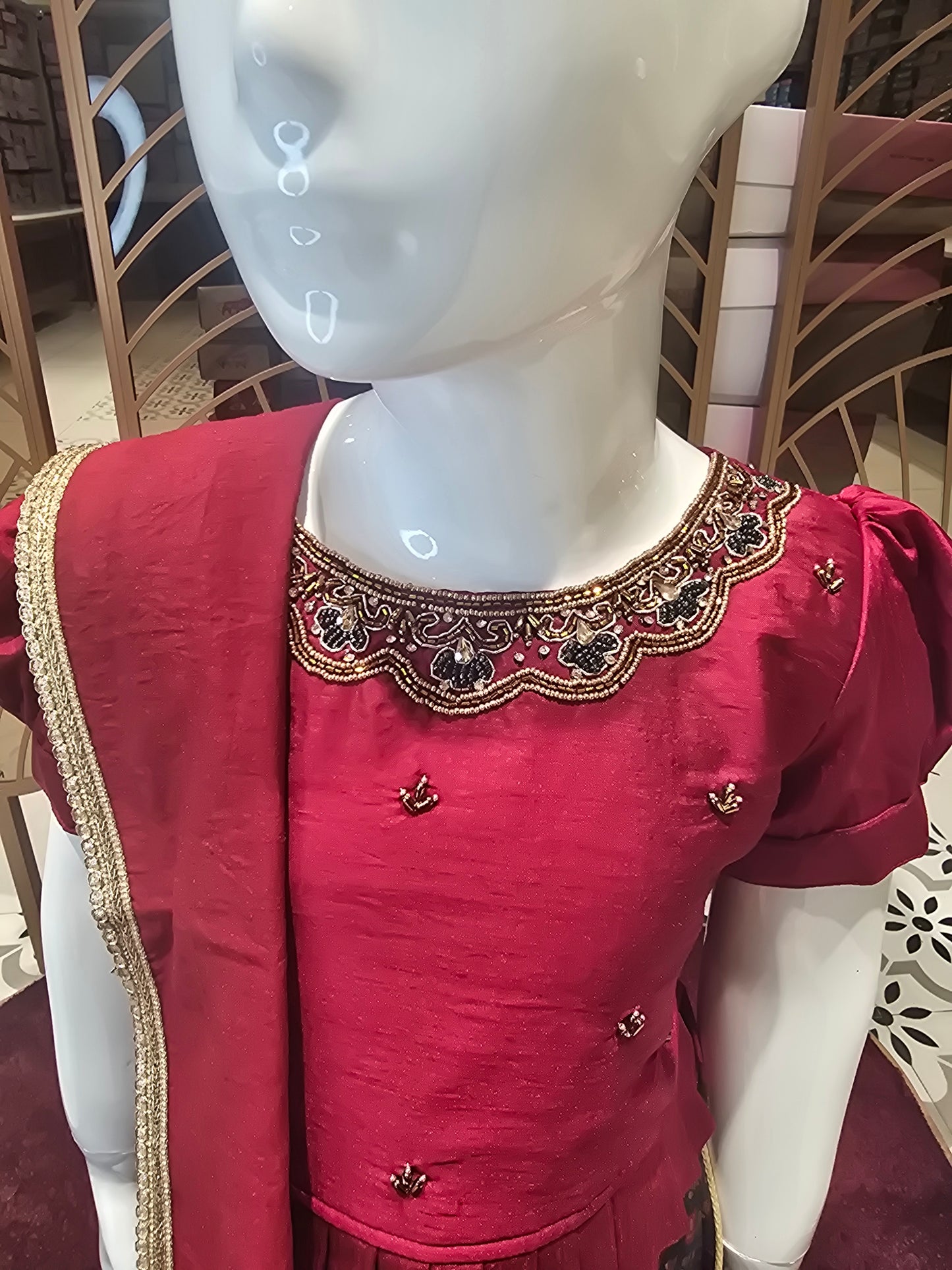 Maroon & Green Banarasi Silk Ethnic Langa Blouse Set for Girls with Printed Skirt and Puff Sleeves