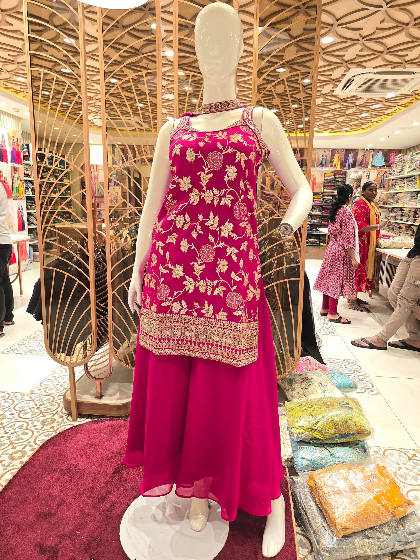 Women Pink Crepe Golden Floral Sharara Set