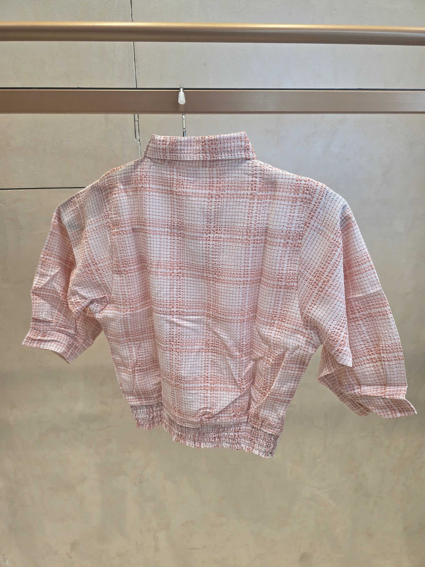 White & Peach Cotton Crush Checked Pattern Western Top with Stylish Buttons & Elastic Waist