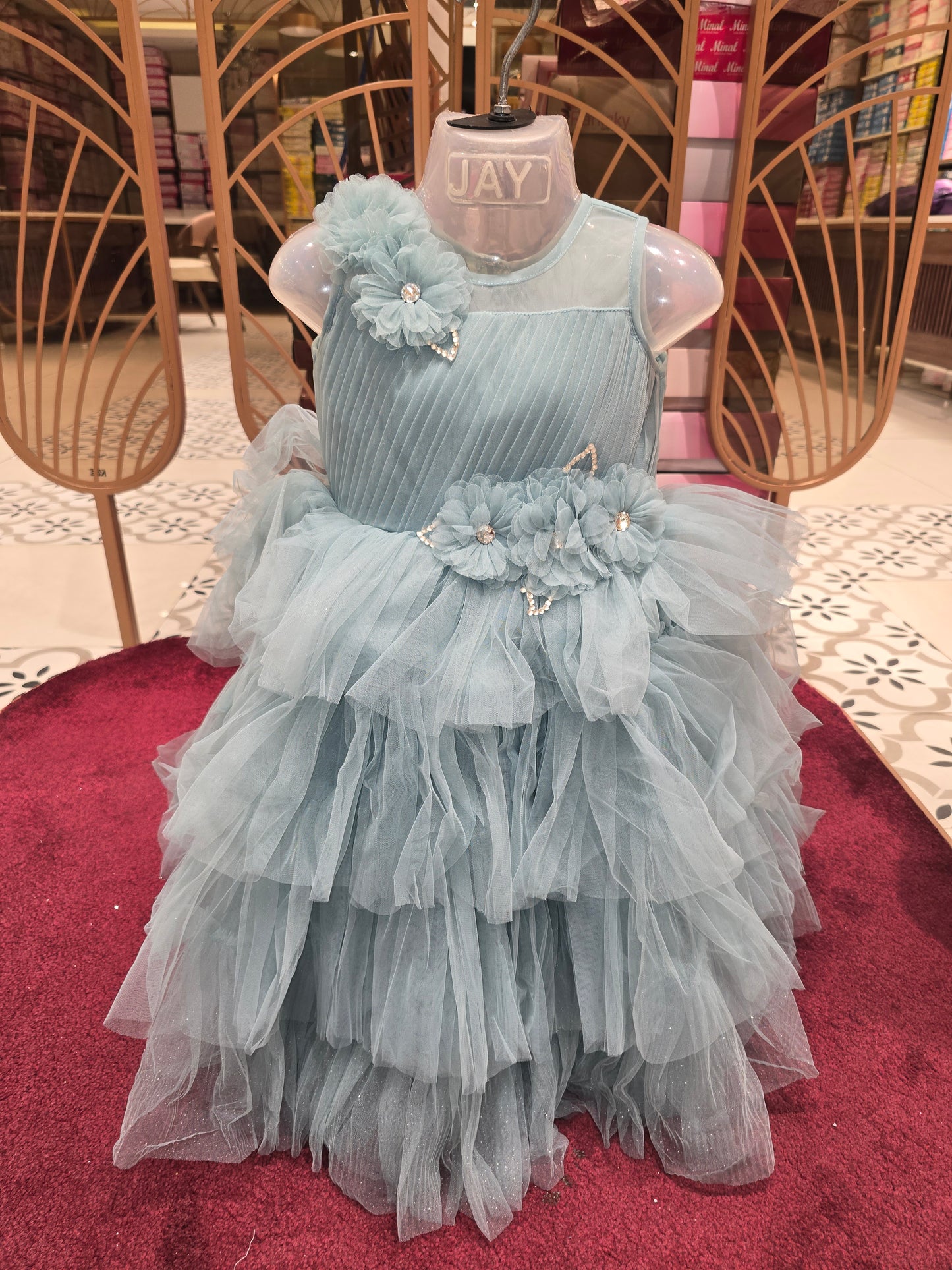 Girl Ocean Blue Knitted Stay Cut Party Gown