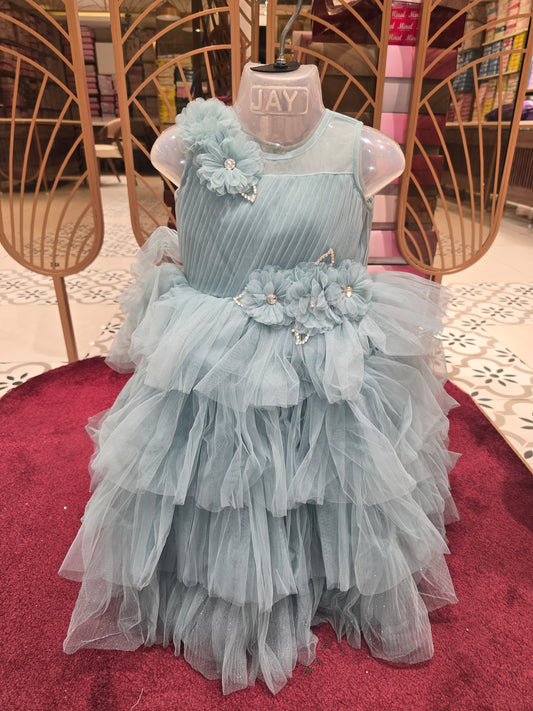 Girl Ocean Blue Knitted Stay Cut Party Gown