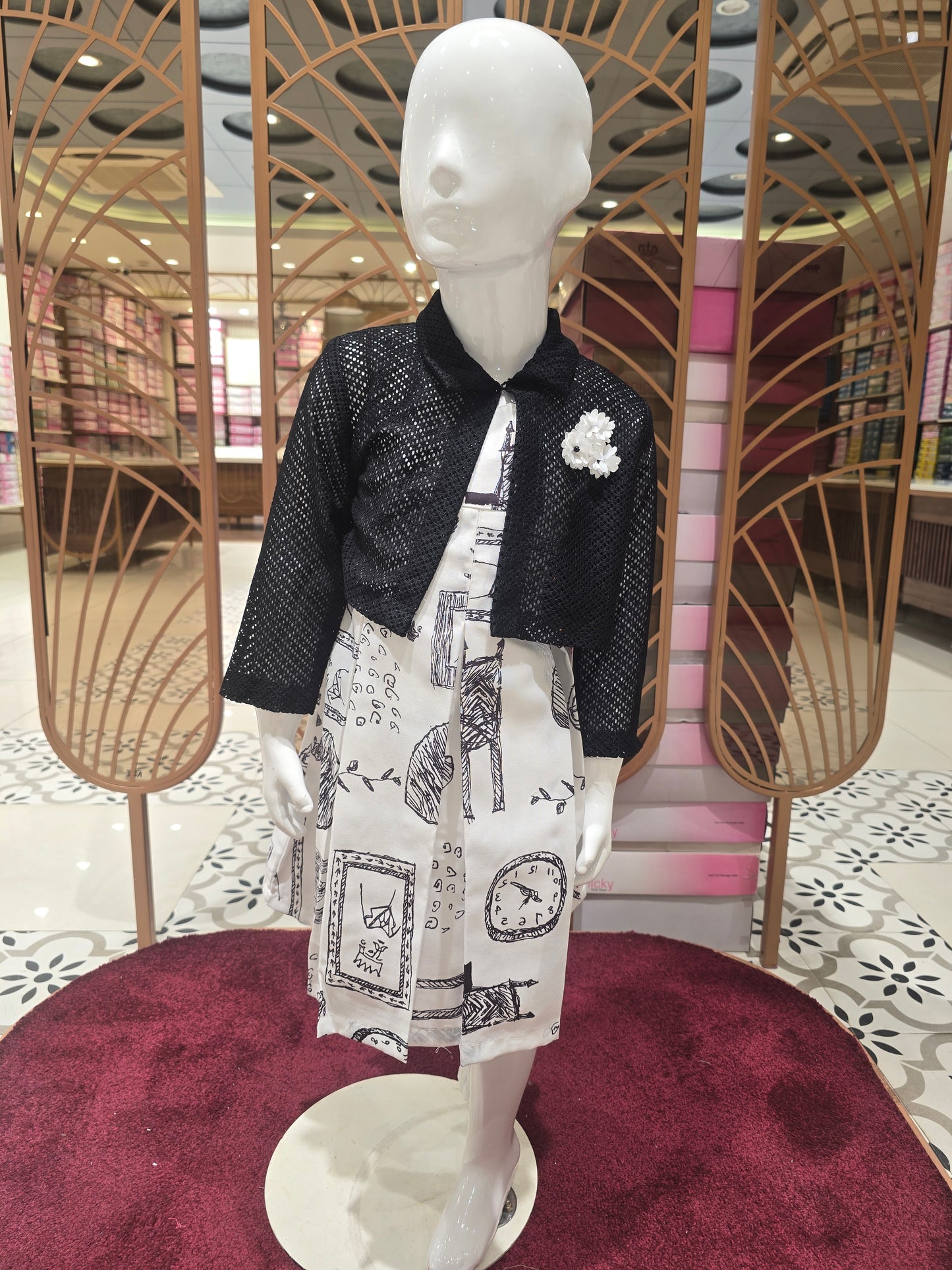 Girls Black White Printed Crepe Dangri Set