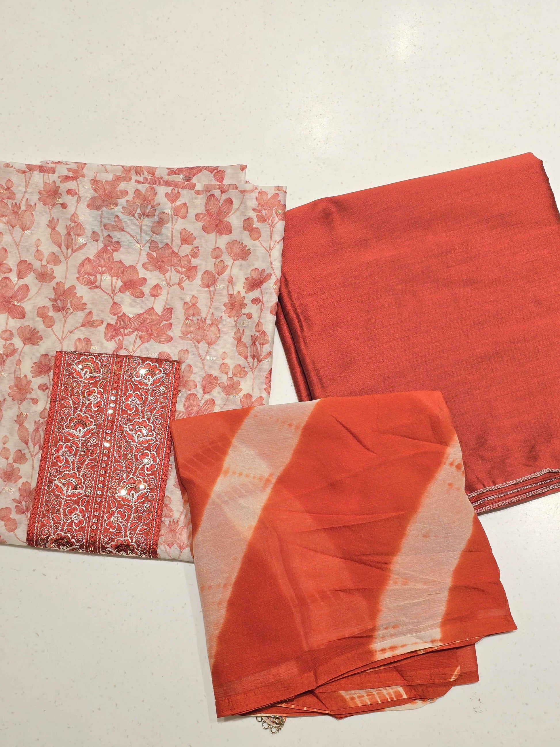 Orange Cream Semi Cotton Dress Material