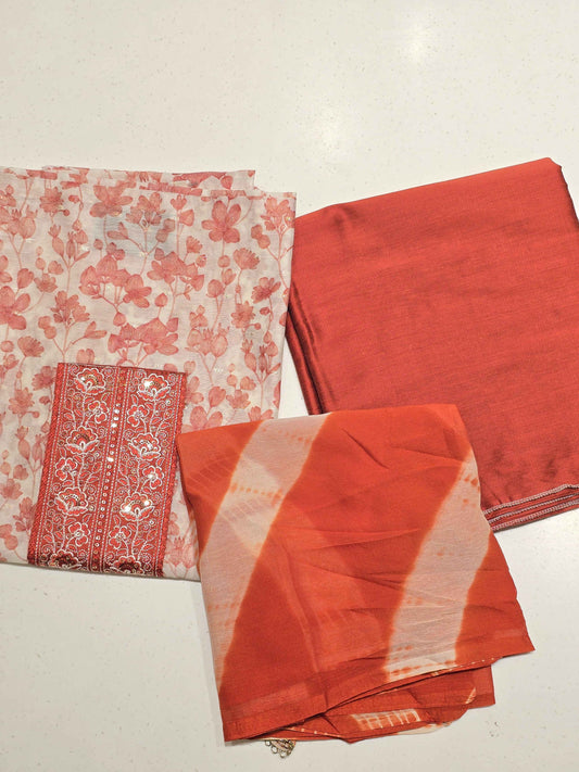 Orange Cream Semi Cotton Dress Material