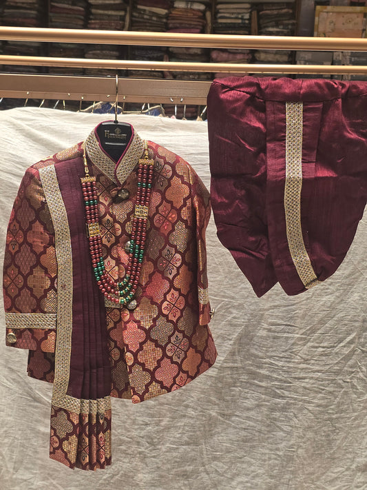 Boys Maroon Dupion Silk Indo-Western Set with Pleated Shawl and Zari Border