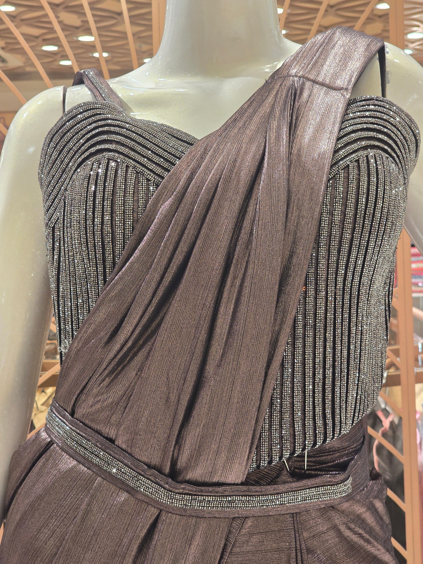 Gray Cream Satin Ready-to-Wear Saree