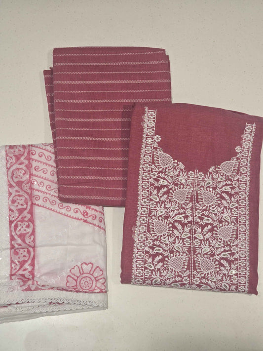 Semi cotton dress material for women with white thread embroidery