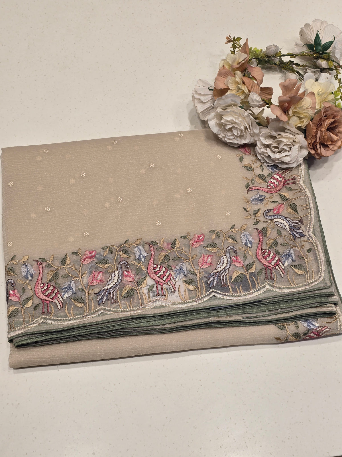 Glass Silk Saree with Crush Material, Small Butta Floral & Peacock Fancy Border – Party Wear