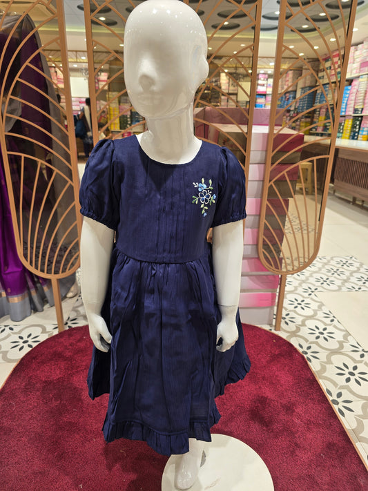 Soft Cotton Navy Blue Short Frock for Girls with Puff Sleeves & Floral Embroidery, Round Neck – Casual Wear