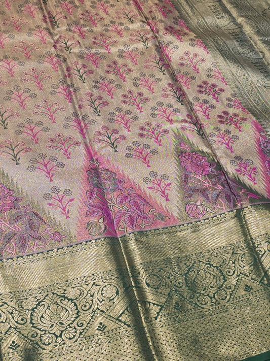 Women Gold Base Meena Semi Kanjivaram Tissue Silk Saree