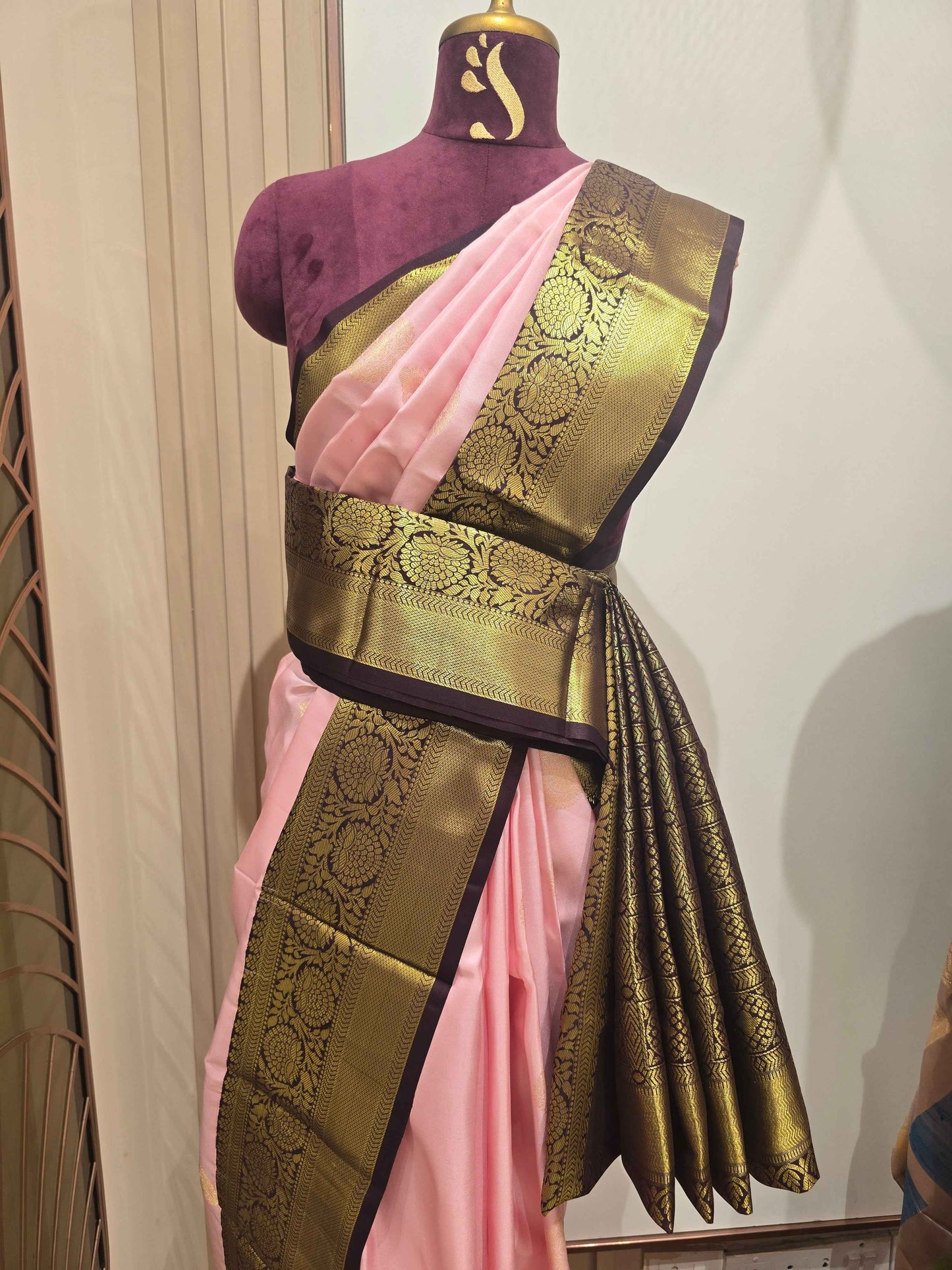 Pure Kanjivaram silk saree , baby-pink with brown color and traditional motifs