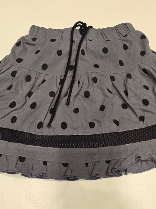 grey tiered mini skirt with black polka dots