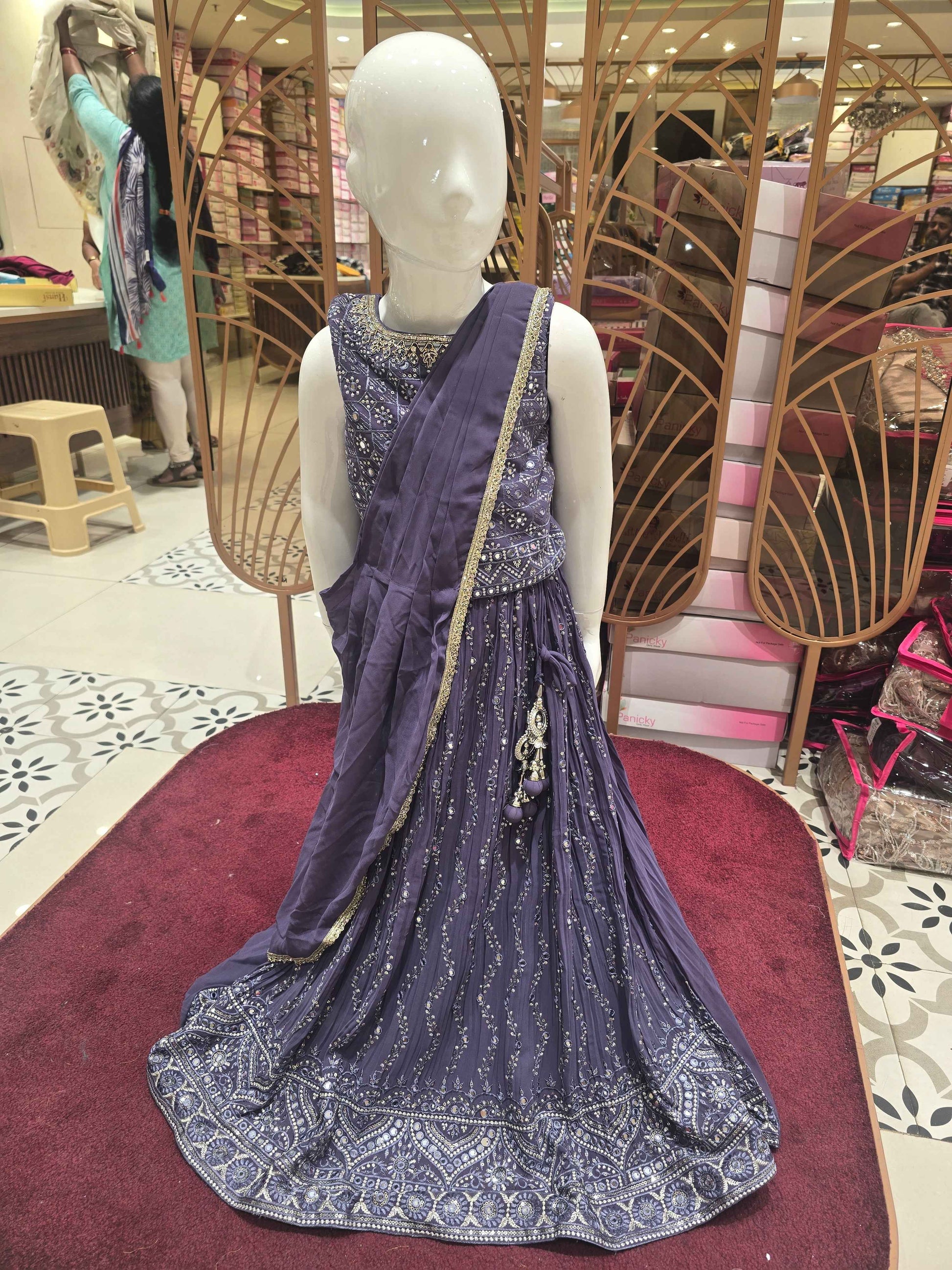 Georgette chiffon material lavender colour gaghra choli with zigzag styled sequence & thread work and handwork on round neck