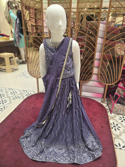 Georgette chiffon material lavender colour gaghra choli with zigzag styled sequence & thread work and handwork on round neck
