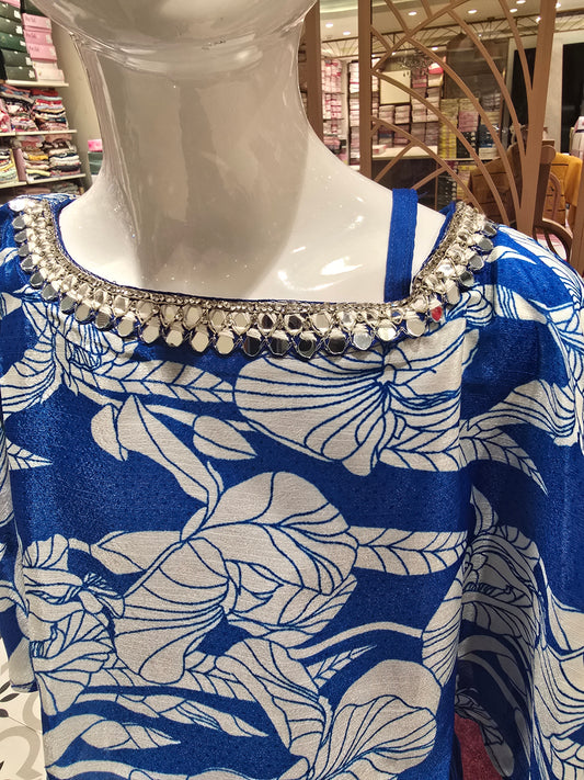 Crepe material Indo western royal blue colored 3piece set with printed short top crush crepe plazo