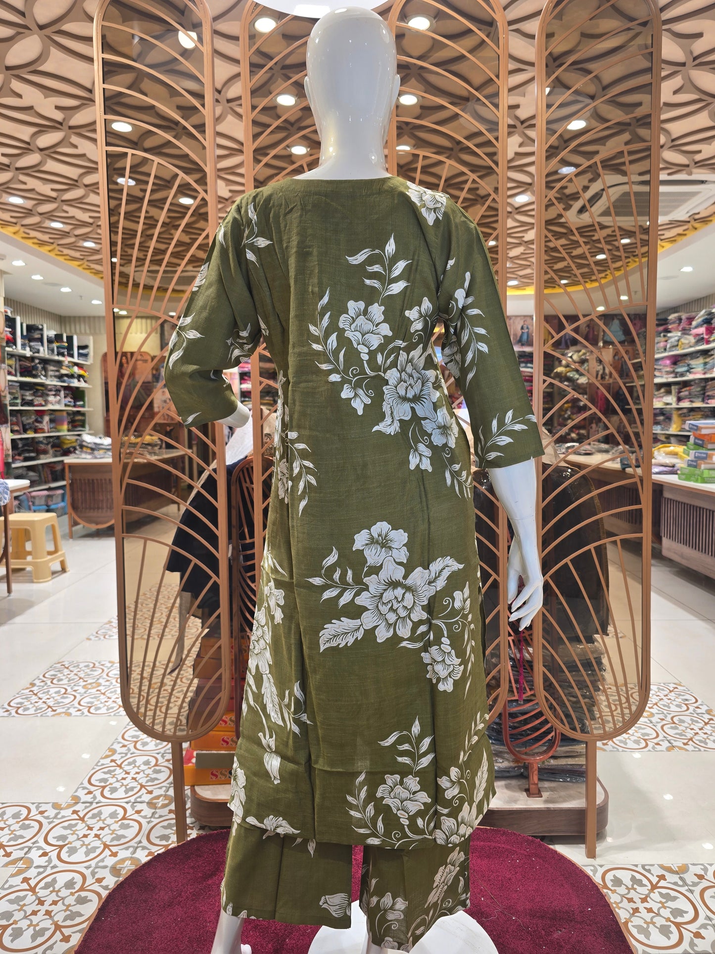 Mehandi Green Cotton Kurti Coat Set for Women with White Floral Print and Palazzo Bottom