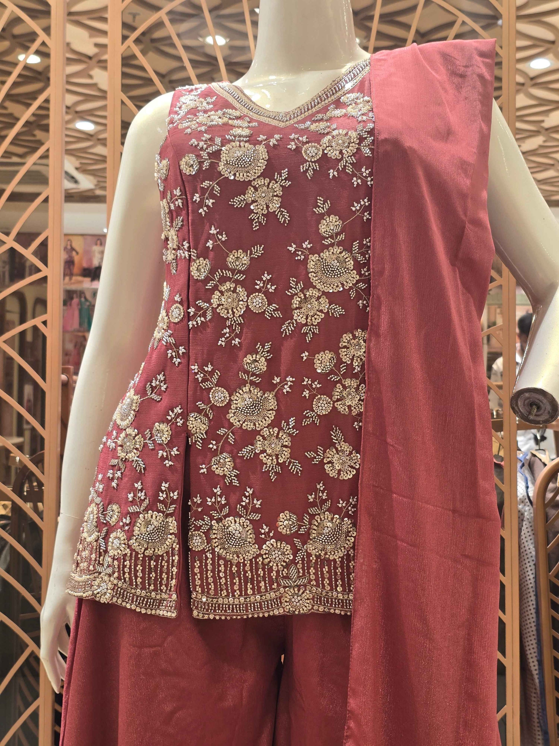 Tissue Material dark material plazo set with handwork and v-neck