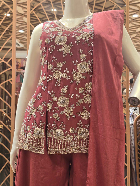 Tissue Material dark material plazo set with handwork and v-neck