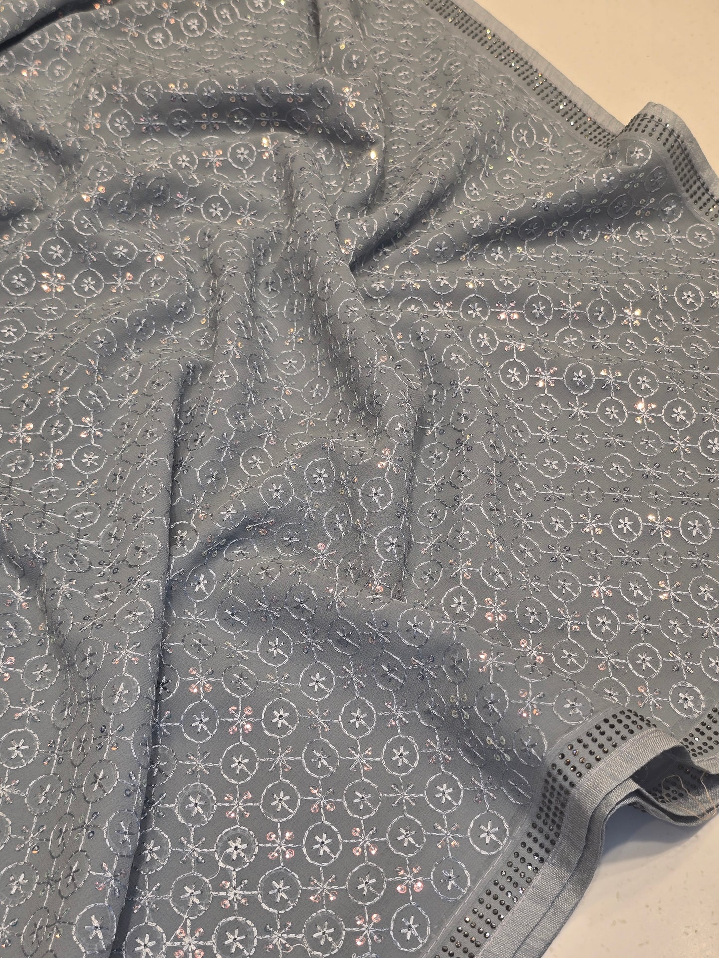 Chiffon saree with sequence and embroidery work, stone work Border | Party wear