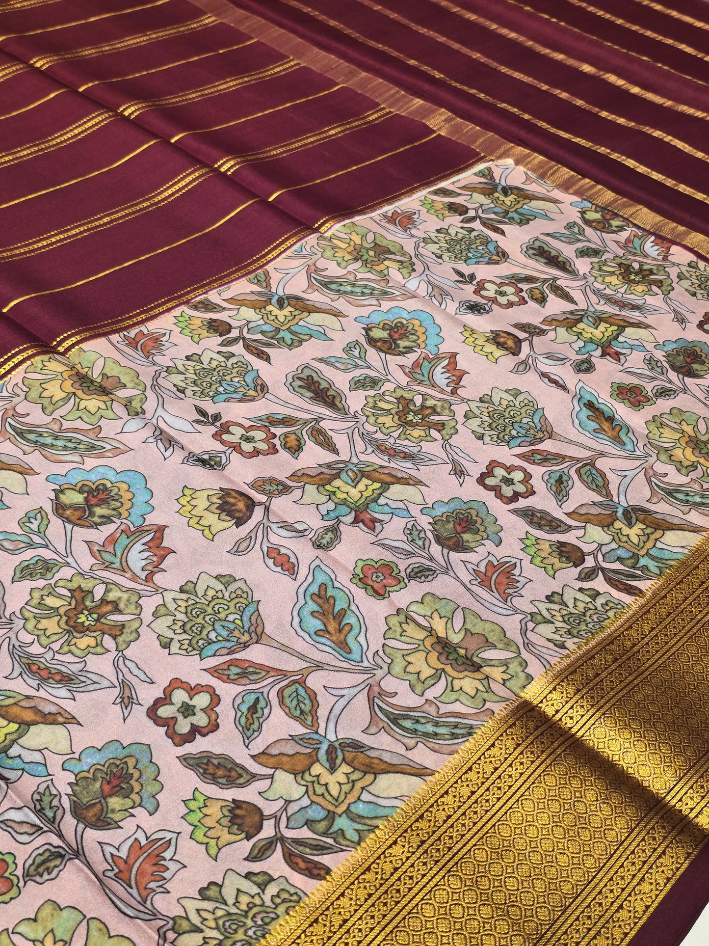 Exclusive Pure Mysore Kalamkari Printed Crepe Silk Saree with Gatti Zari Border | Baby Pink & Chocolate Brown | Premium Festive & Wedding Wear