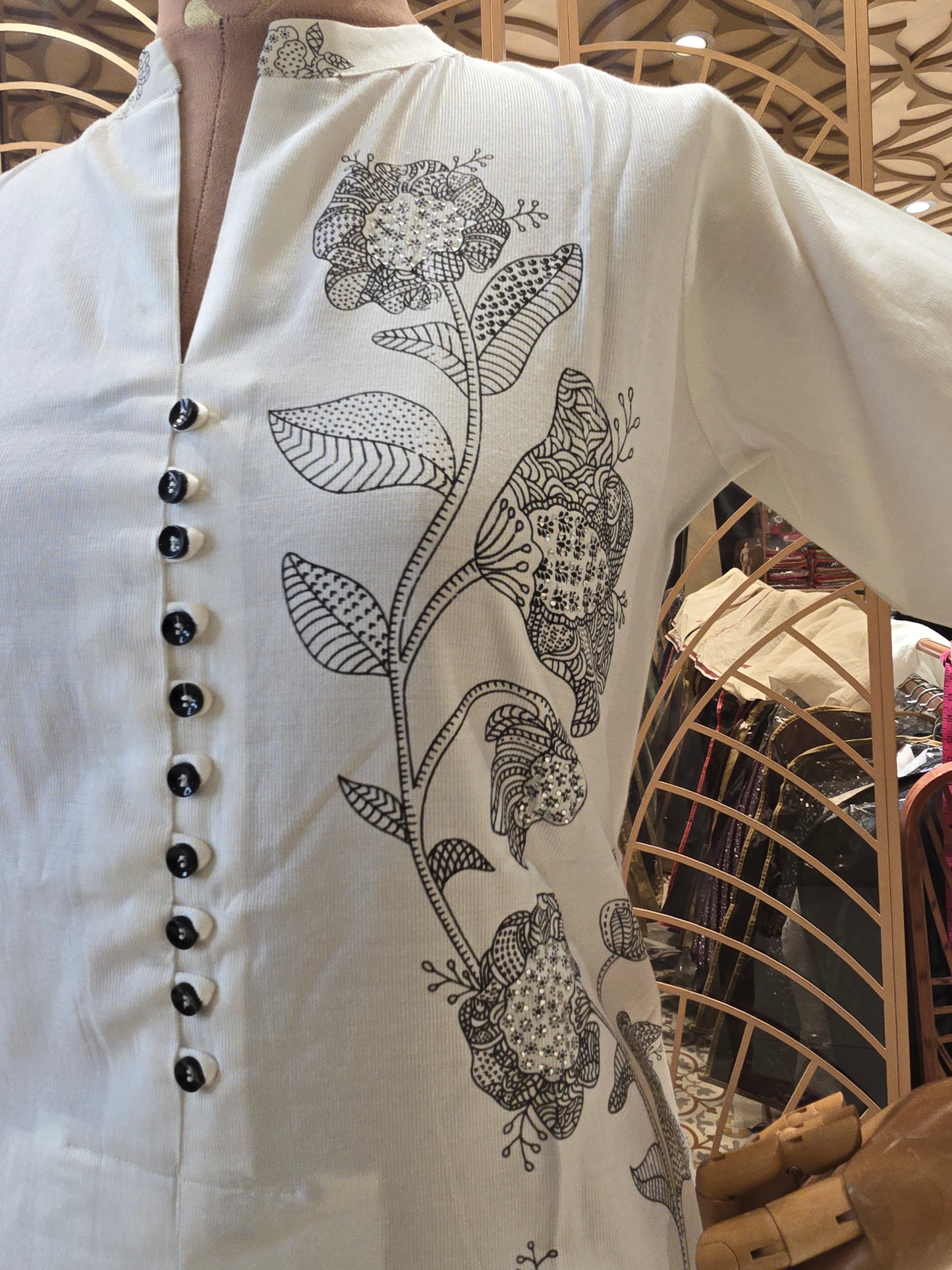 Women’s Rayon Straight Kurta in White with Left Side Long Floral Printed Design, Buttoned Collar Neck and ¾th Sleeves for Daily Wear