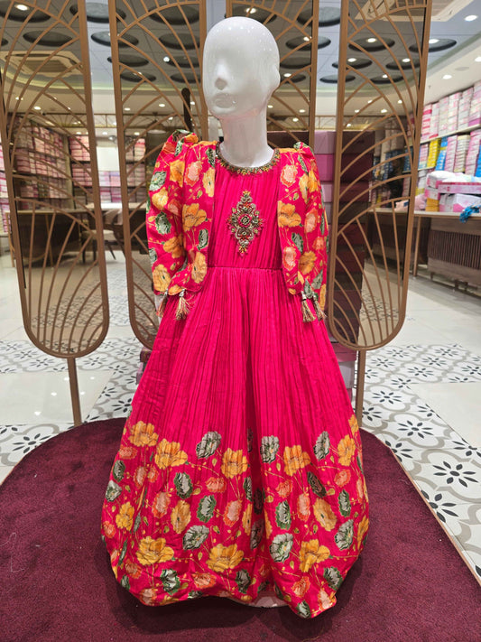 Girl Rani Pink Floral Crepe Traditional Gown