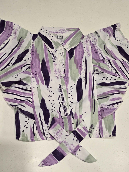 Purple and Sage Green Abstract Print Cropped Blouse for Girls