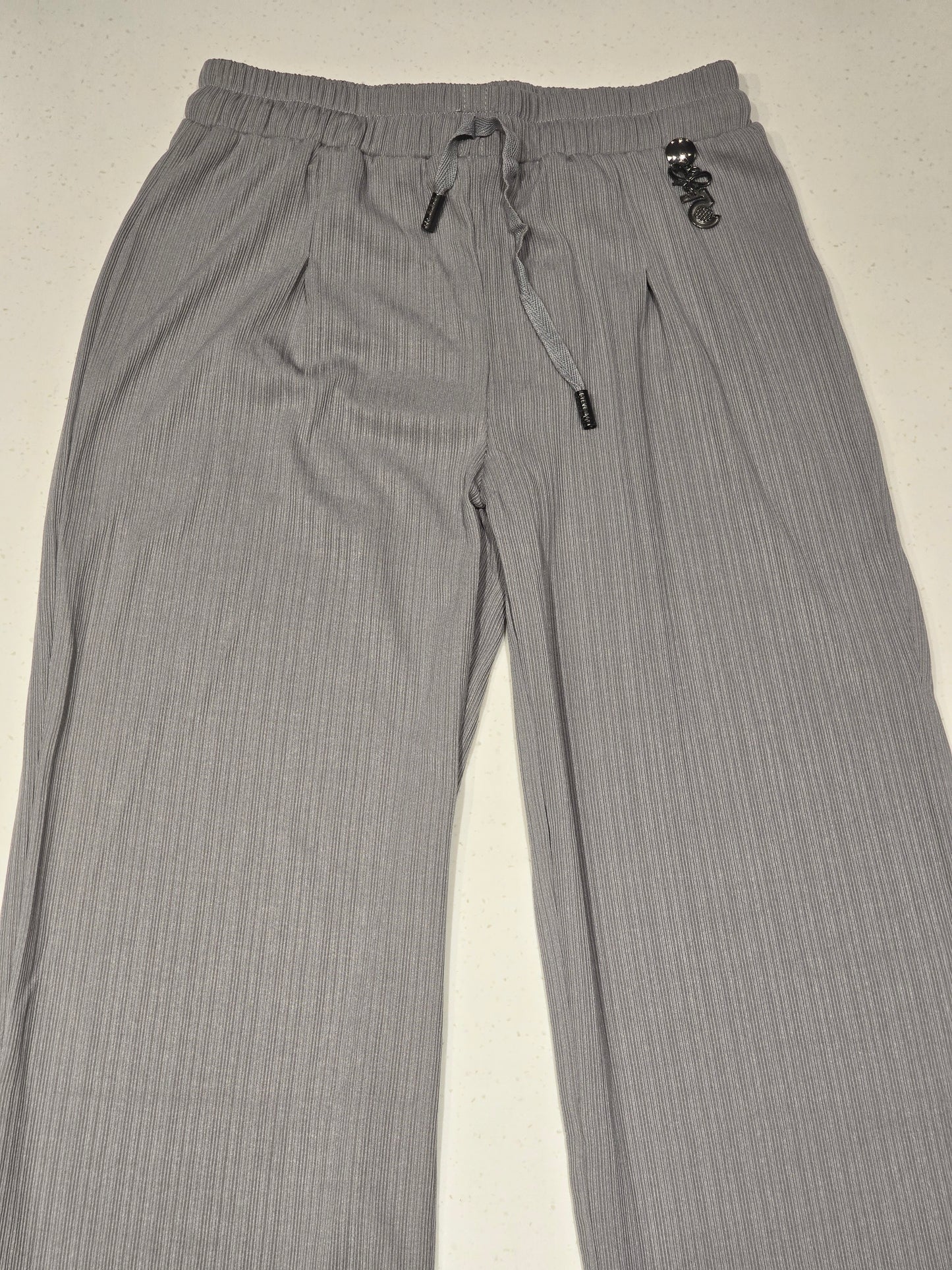 grey plisse textured trousers