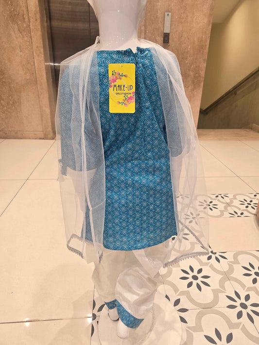 girls' ethnic salwar suit set, featuring a teal or sky-blue short printed kurti paired with white dhoti-style salwar pants
