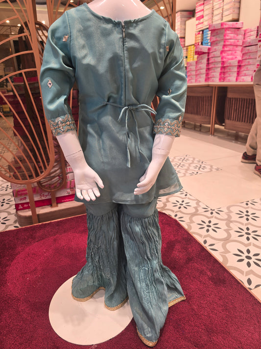 Crepe material sea green colour sharara set for girl with zari sequence work on neck & top border , ¾sleeves round neck