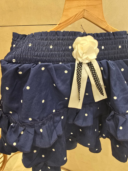 Girls Cotton Casual Wear Step Skirt in Dark Blue with Polka Dot Design for Summer Wear